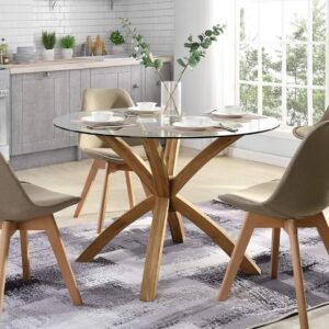 Round Glass Top Solid Wood Dining Table