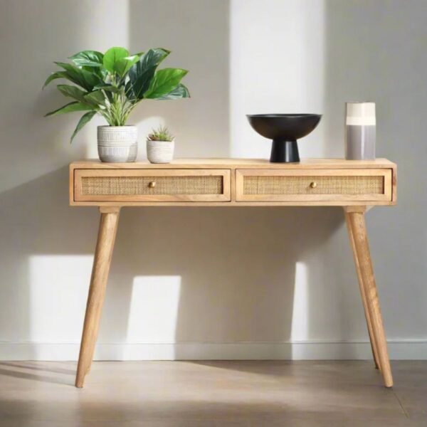 Mako Solid Wood Rattan 2-Drawer Console Table - Image 1