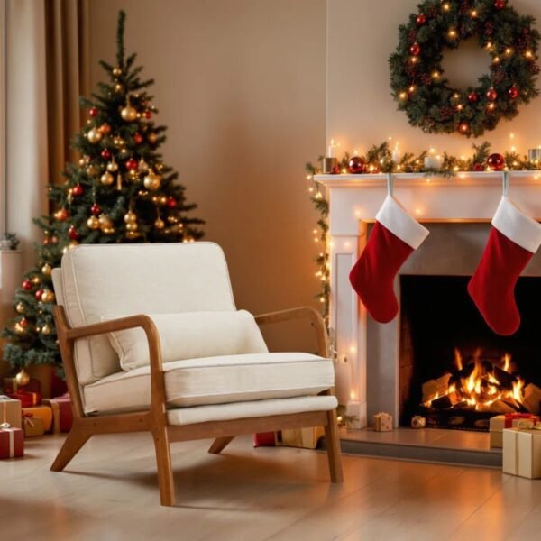 Off-White Upholstered Linen Arm Chair - Image 2