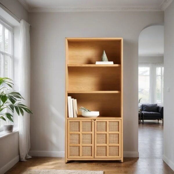 Trident Solid Wood Rattan Storage Bookcase - Image 1