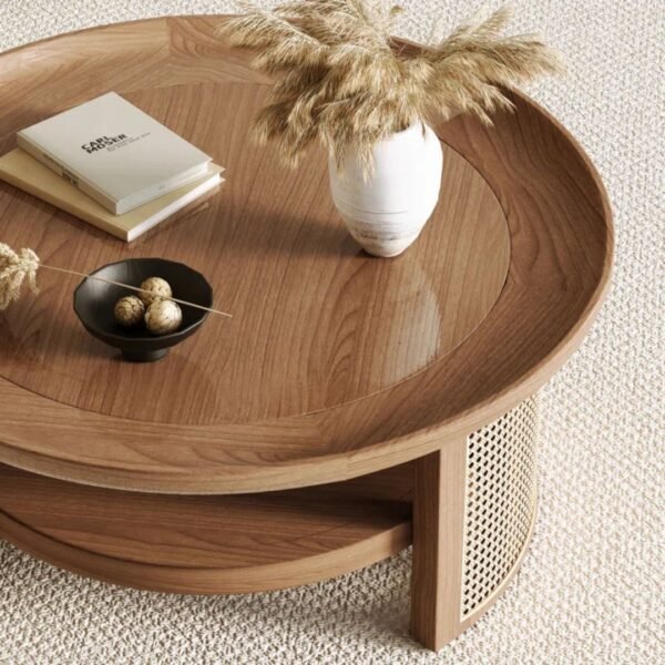 Olan Solid Wood Rattan Round Coffee Table - Image 3