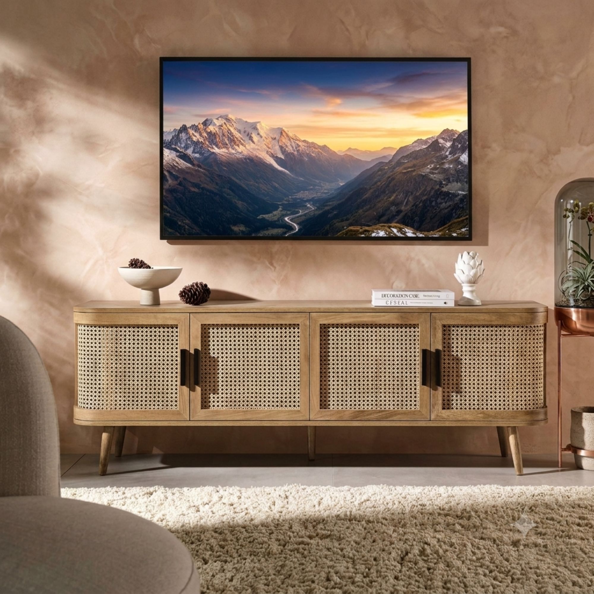 4 Kavo Curved Rattan 4-Doors Wide TV Unit - Image 1