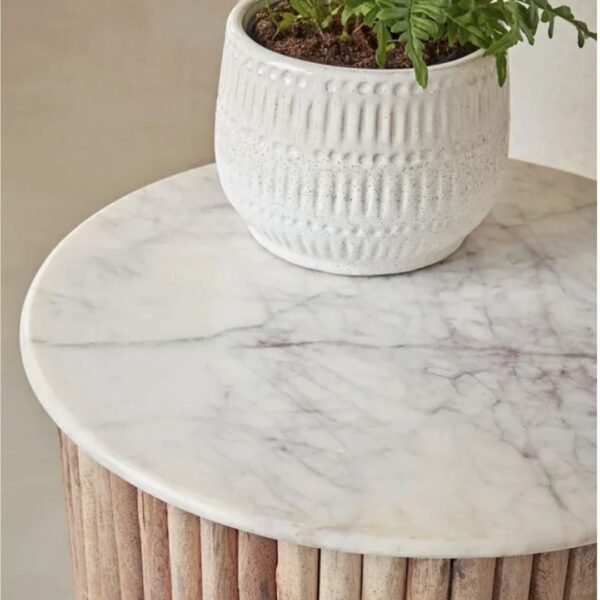 Fluted Solid Wood & Marble Side Table - Image 3