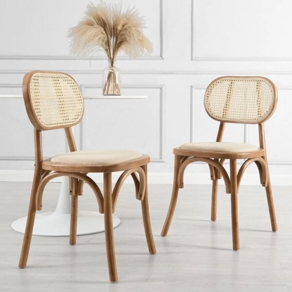 Kaya Set of 2 Cane Rattan and Upholstered Dining Chairs - Image 1
