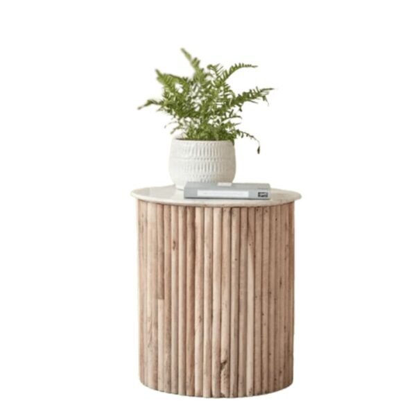 Fluted Solid Wood & Marble Side Table - Image 2