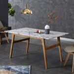 White Marble Effect 6-Seater Dining Table with Solid Wood Legs