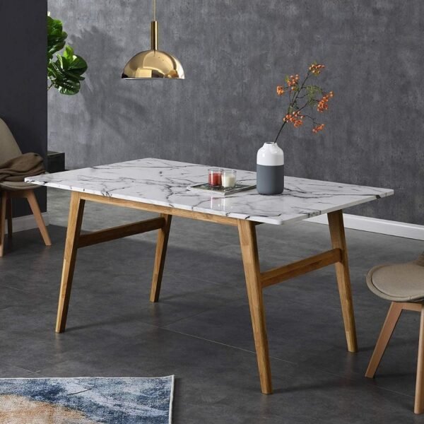 White Marble Effect 6-Seater Dining Table with Solid Wood Legs - Image 1