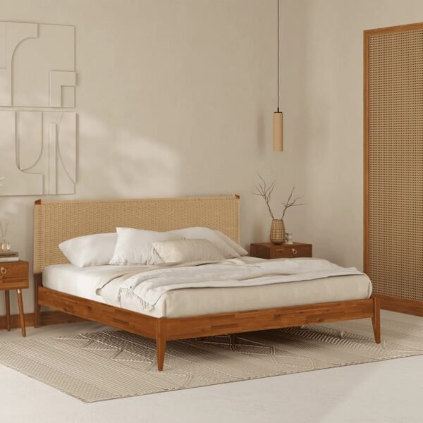 Buto Solid Wood Platform Bed with Hand Woven Headboard - Image 1