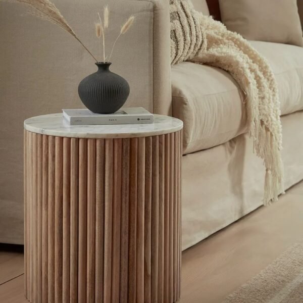 Fluted Solid Wood & Marble Side Table - Image 6