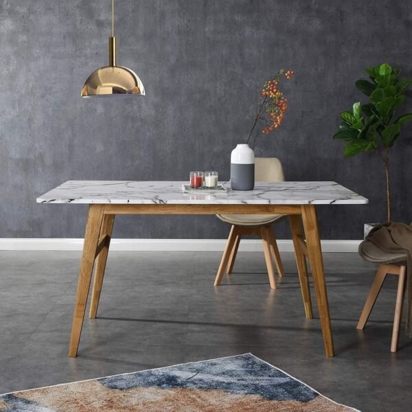 White Marble Effect 6-Seater Dining Table with Solid Wood Legs - Image 2