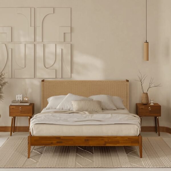 Buto Solid Wood Platform Bed with Hand Woven Headboard - Image 2