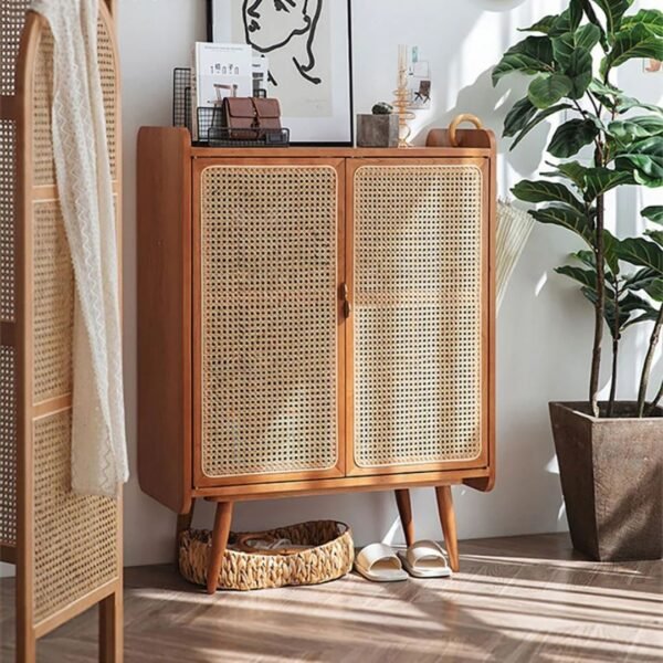 Modern Solid Wood and Rattan Shoe Cabinet - Image 2