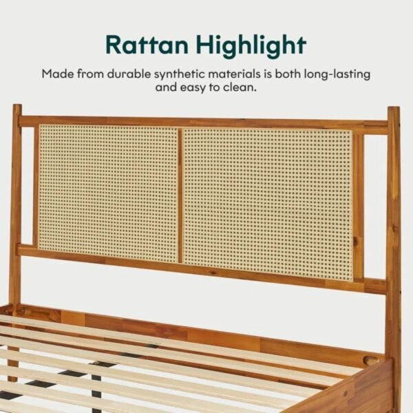 Omega Solid Wood Rattan Platform Bed with Headboard - Image 7