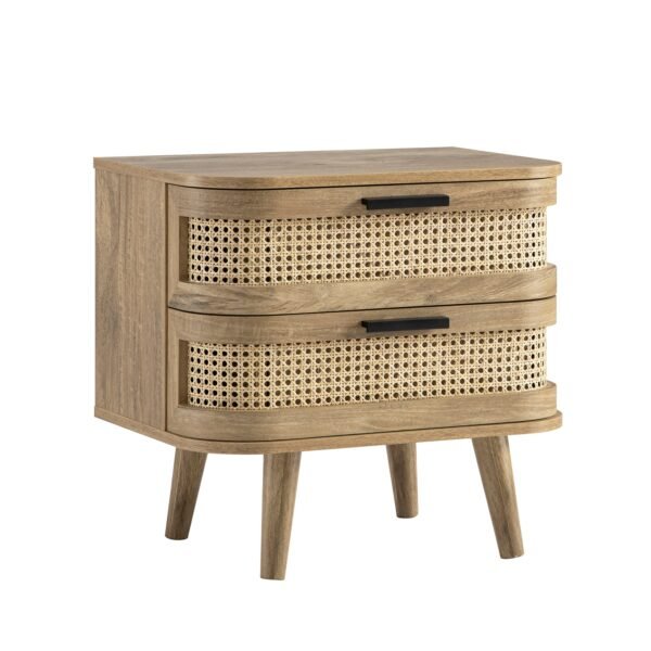 Curved Rattan Solid Wood 2-Drawer Bedside Table - Image 1