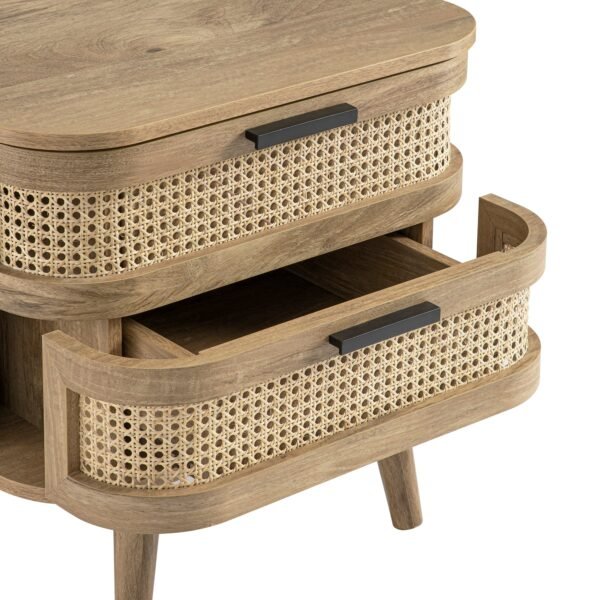 Curved Rattan Solid Wood 2-Drawer Bedside Table - Image 5