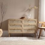 Classic Solid Wood Rattan Chest of 6 Drawers