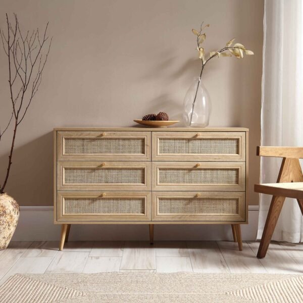 Classic Solid Wood Rattan Chest of 6 Drawers - Image 1