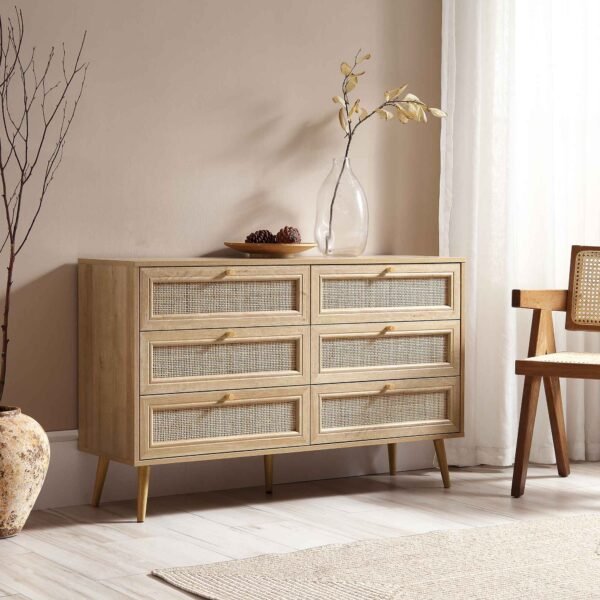 Classic Solid Wood Rattan Chest of 6 Drawers - Image 2