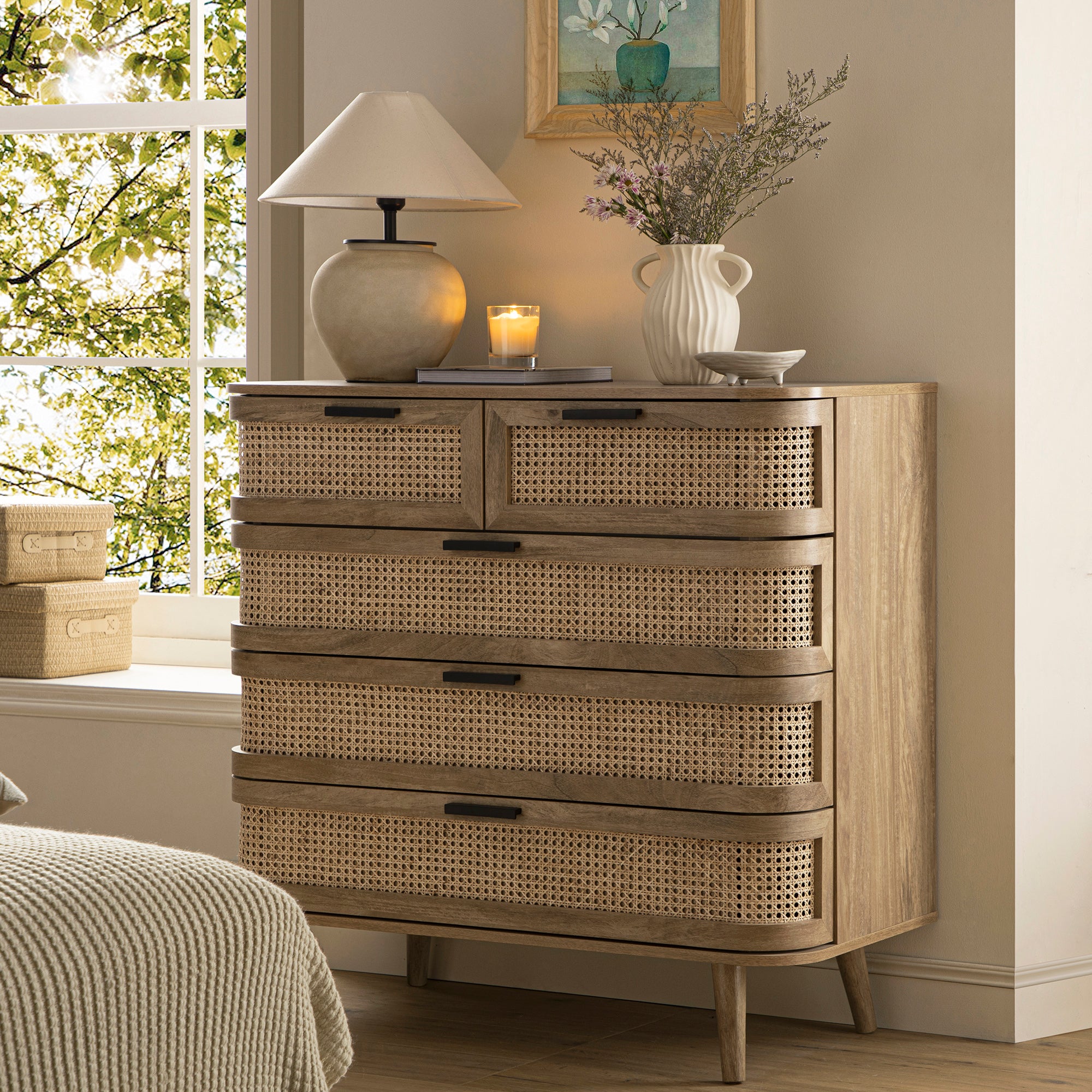 FT-COD-06-NAT_scene1 Curved Rattan Chest of 5 Drawers - Image 1