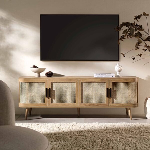 Curved Rattan 4-Doors Wide TV Unit - Image 1