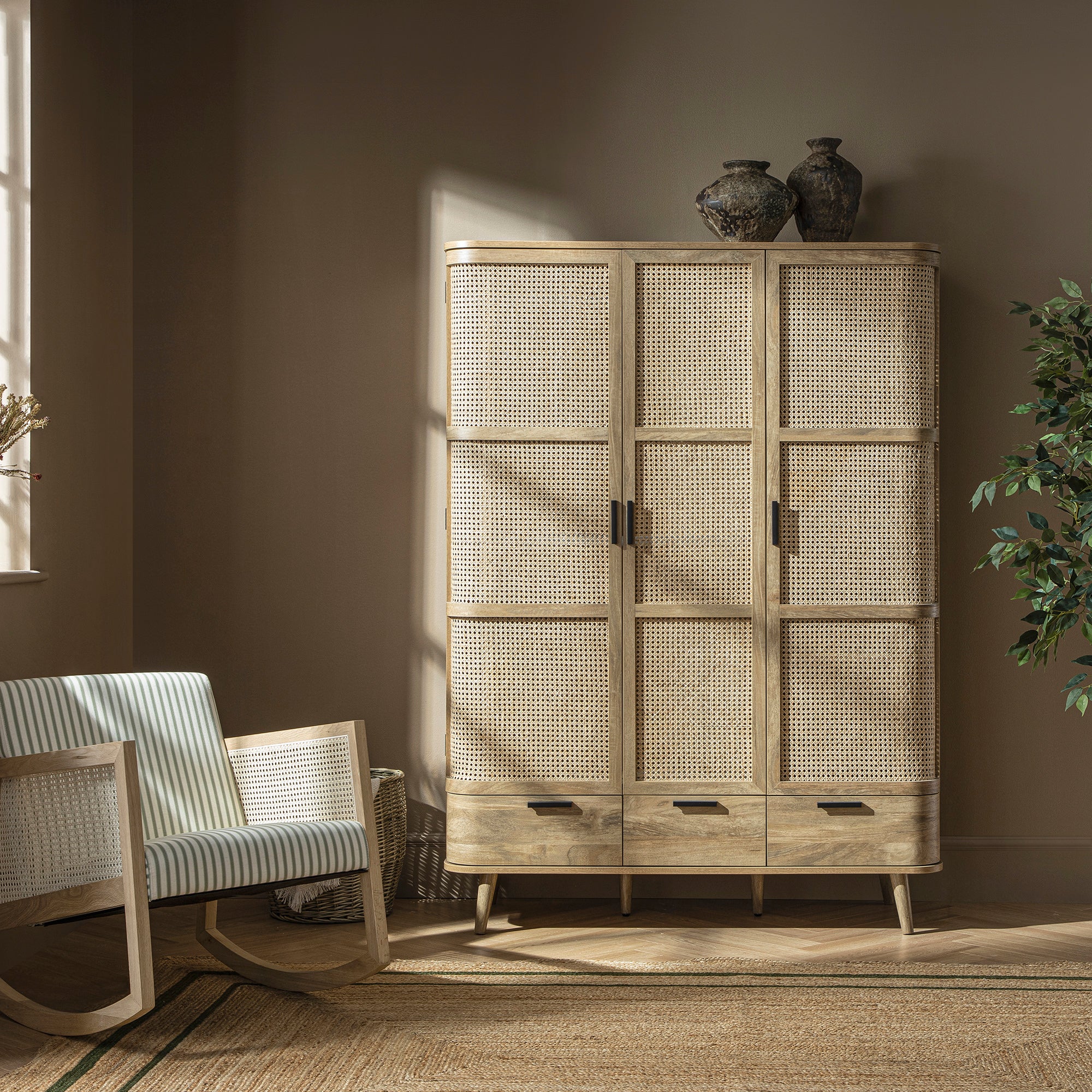 FT-WARD-06-NAT_scene1 Curved Rattan Solid Wood Triple Wardrobe - Image 1