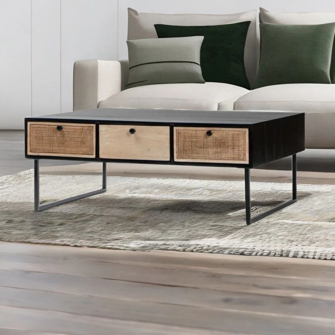 7 Voro Solid Wood Rattan 6-Drawer Coffee Table - Image 1