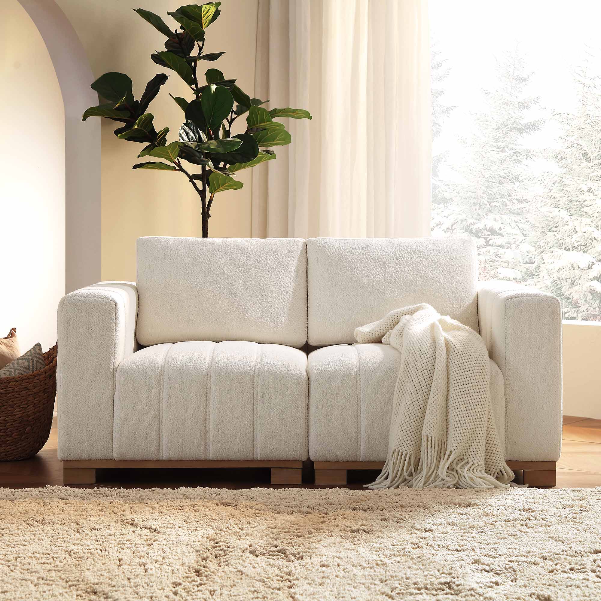 GCSF-2360-BEIGE-BOU-2ST_main Dapi Beige Boucle 2-Seater Sofa With Wooden Base - Image 1
