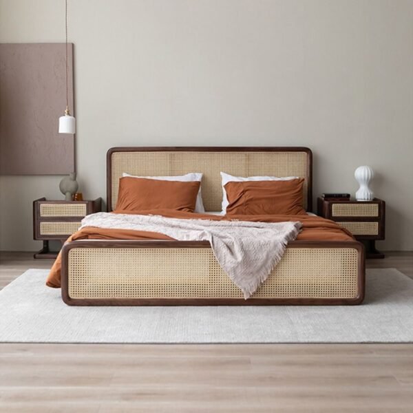 Zoka Classic Solid Wood Rattan Bed - Image 1