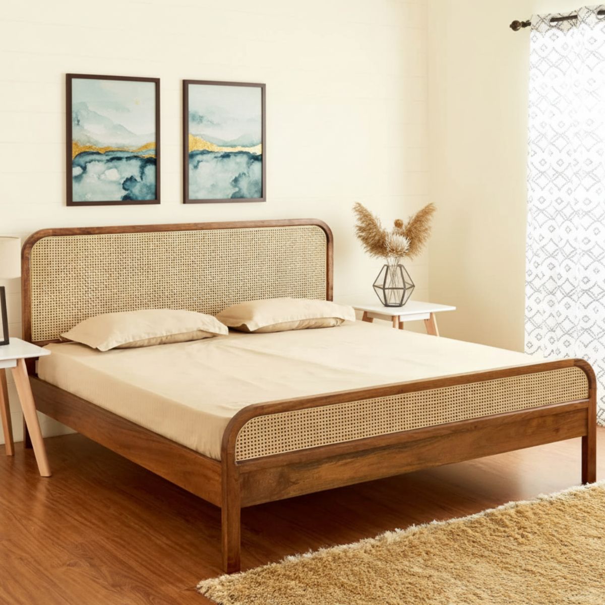 Untitled design (1) Hana Solid Wood Rattan Platform Bed - Image 1